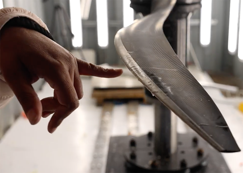 Close-up of an ASCALON propeller blade after bird-strike impact testing, showing no damage